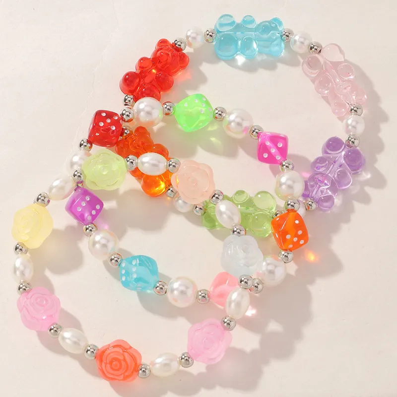 Kids Baby Girls Candy Color Resin Transparent Bear Beads Bracelet Set Toys