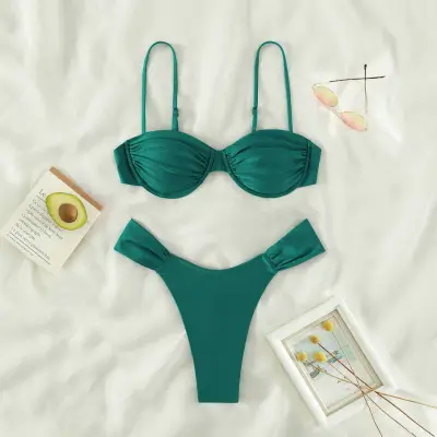 Women's Sexy Solid Color Pleated Bikini Set