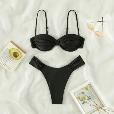 Women's Sexy Solid Color Pleated Bikini Set