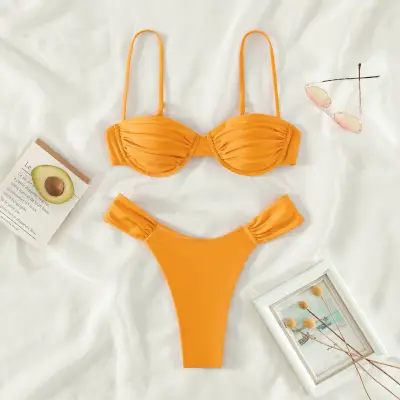 Women's Sexy Solid Color Pleated Bikini Set