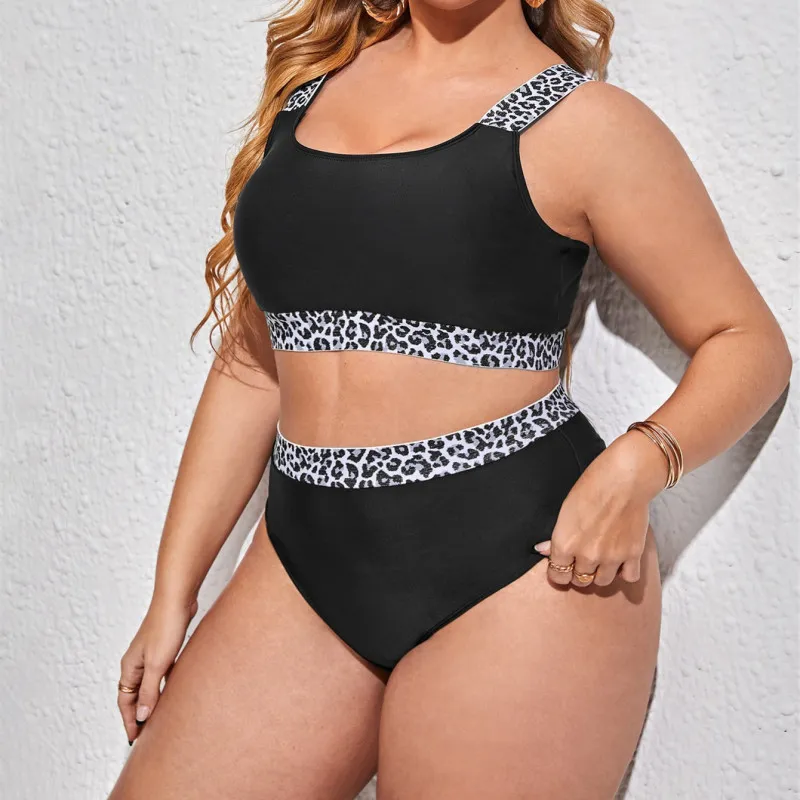 Plus Size High Waist Leopard Stitching Tankini Swimsuit