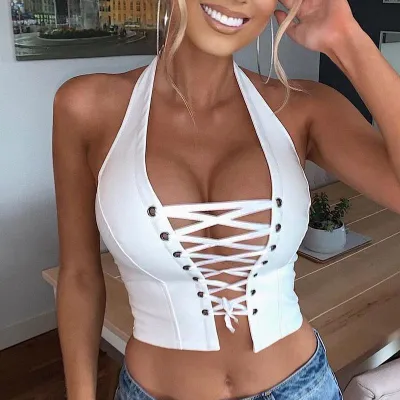 Women Sexy Summer Solid Color Bandage Lace-Up Halter Neck PU Leather Crop Top