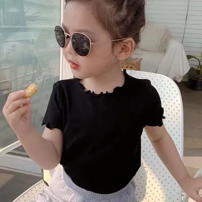Kids Baby Girls Short Sleeve Solid Color T-Shirt Polyester Round Neck Top