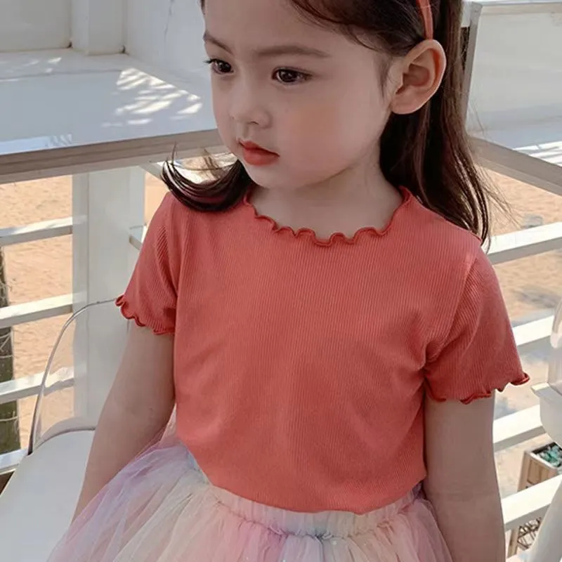 Kids Baby Girls Short Sleeve Solid Color T-Shirt Polyester Round Neck Top