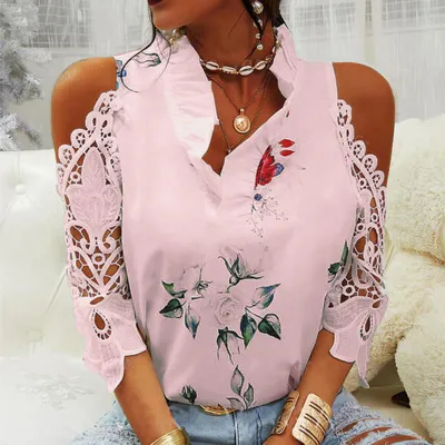 Summer Women Casual Floral Print Cool-Shoulder Lace Patchwork Long-Sleeved Blouse