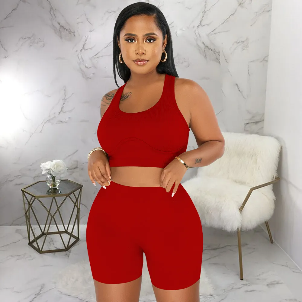 Athleisure Summer Women Casual Round Neck Tank Top And Shorts Solid Color Sports Two-Piece Set