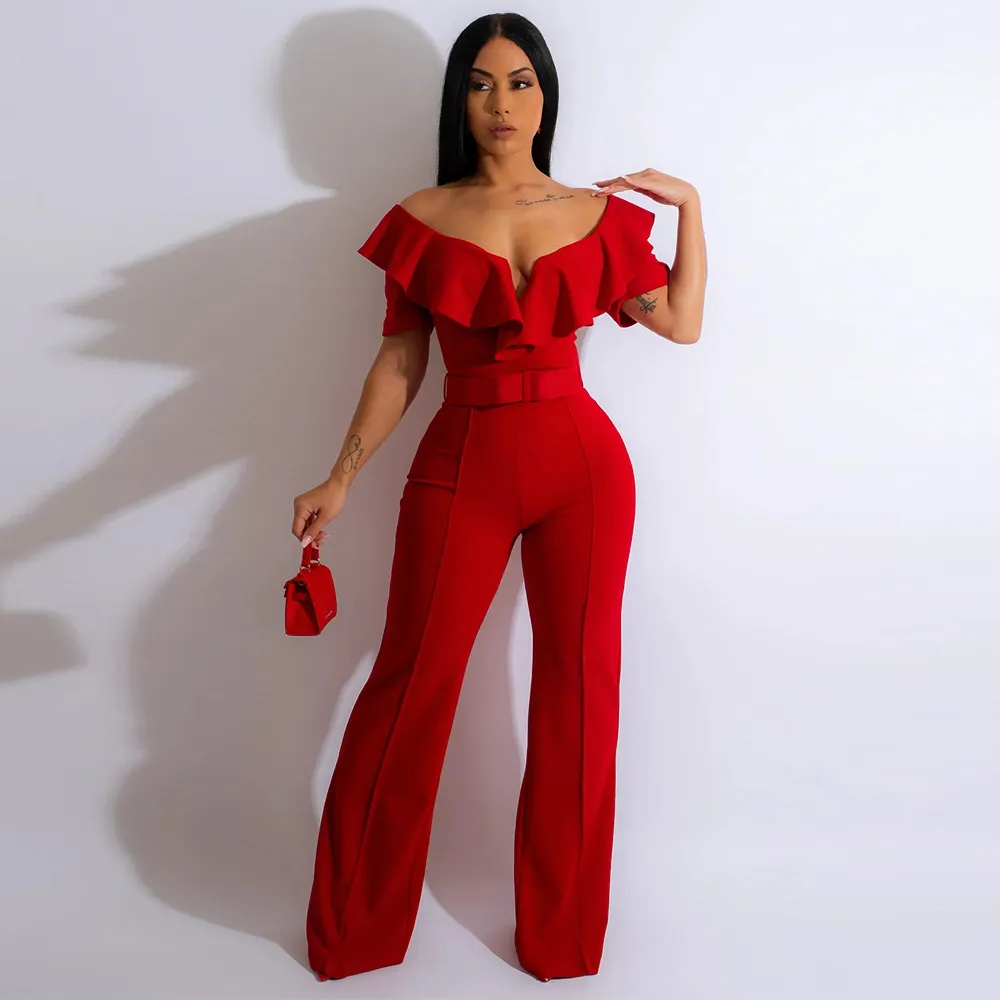 Women Solid Color V-Neck Ruffled Off-Shoulder Sexy Waist-Defined Jumpsuits