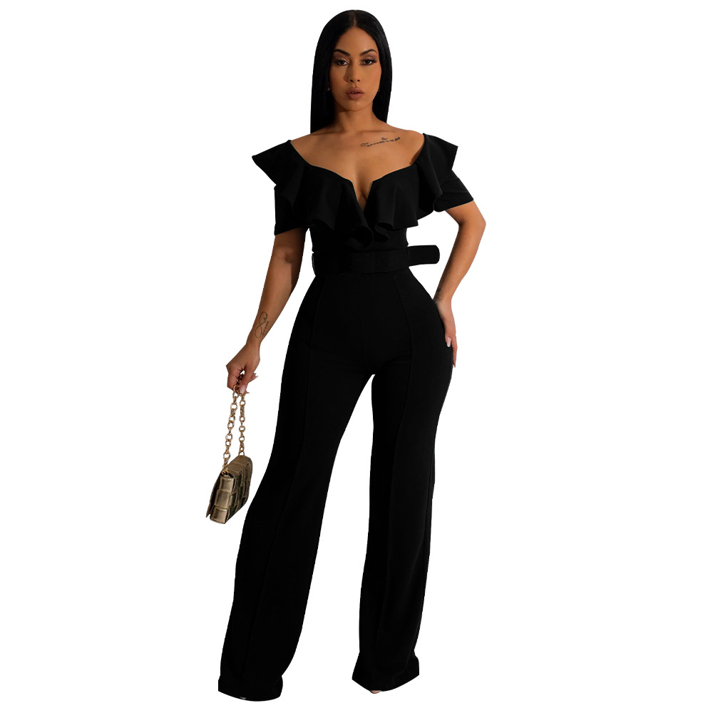 Wholesale Women Solid Color V-Neck Ruffled Sexy off-shoulder