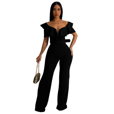 Women Solid Color V-Neck Ruffled Off-Shoulder Sexy Waist-Defined Jumpsuits