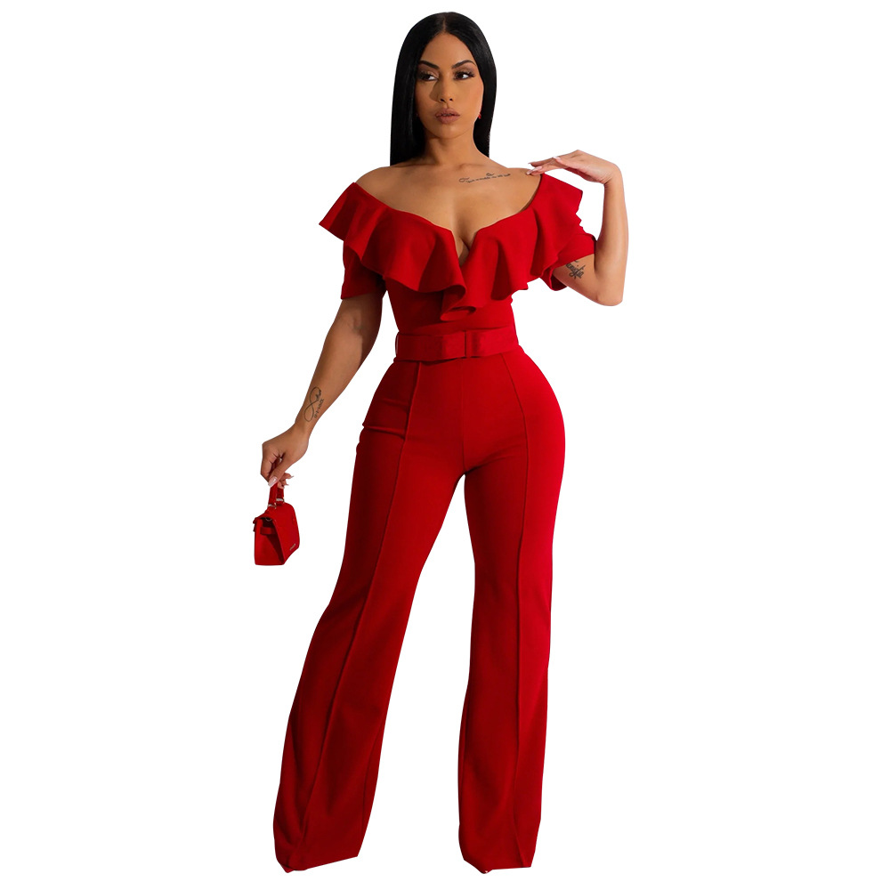 Wholesale Women Solid Color V-Neck Ruffled Sexy off-shoulder