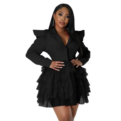 Autumn Mesh Stitching Solid Color V-Neck Women Long Sleeve Mini Cupcake Dress