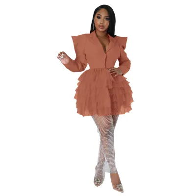 Autumn Mesh Stitching Solid Color V-Neck Women Long Sleeve Mini Cupcake Dress