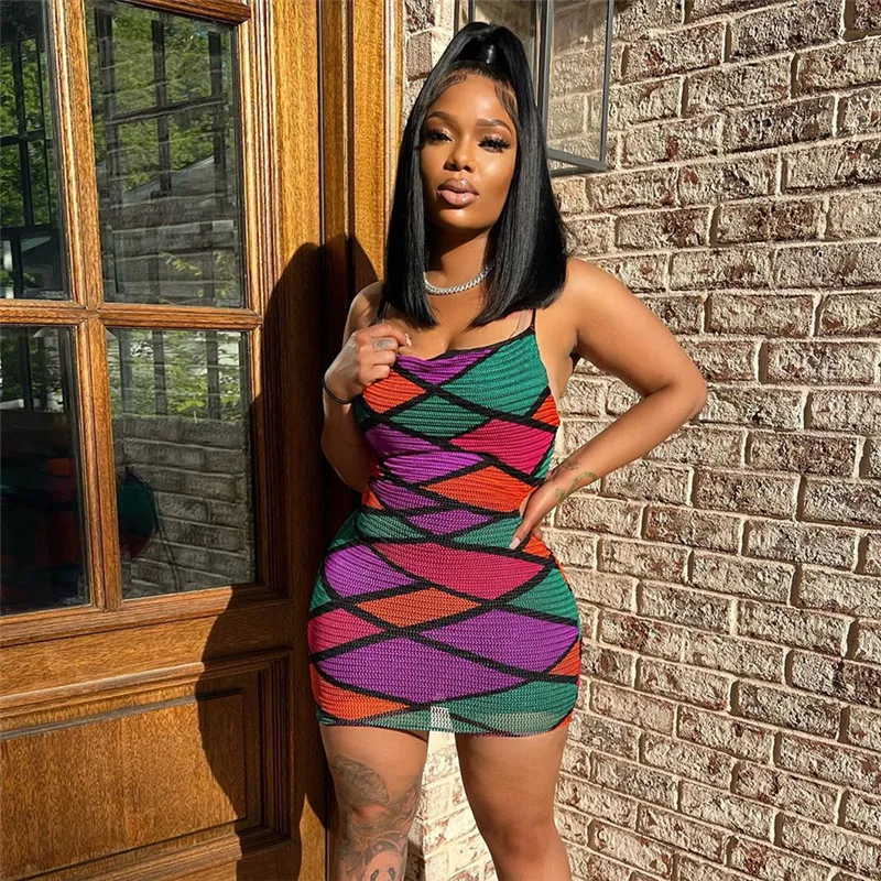 Women Sexy Color Blocking Mesh Spaghetti Strap Backless Mini Tight Dress
