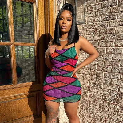 Women Sexy Color Blocking Mesh Spaghetti Strap Backless Mini Tight Dress