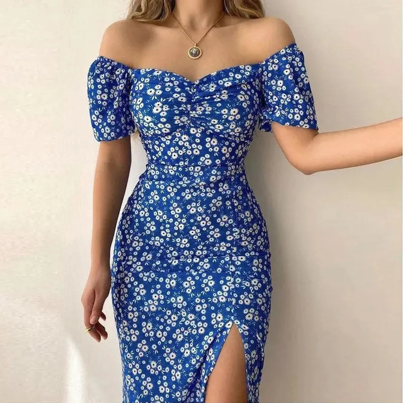 Women Blue Floral Off Shoulder Mini Dress