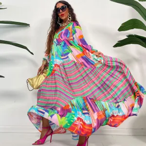 Oversized V-Neck Color Blocking Graphic Printed Women Vintage Boho Style Pleated Long-Sleeved Loose Maxi Dress