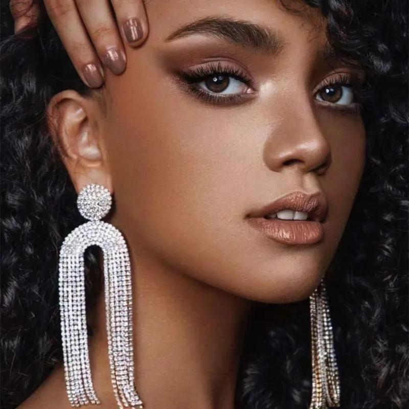 Women's Fashion Long Tassel Rhinestone Dangle Earrings Geometric Alloy Jewelry