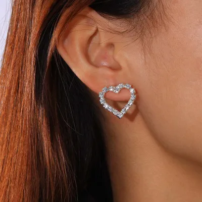 Women's Fashion Simple Hollow Heart Earrings with Diamond
