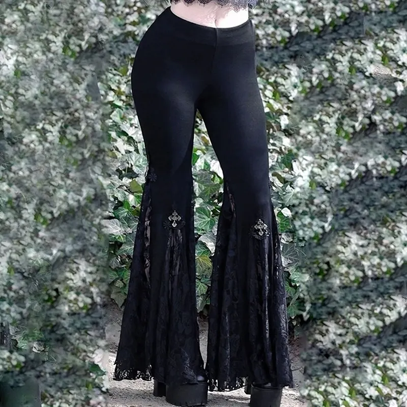 Gothic Sexy Lace Panel Flared Pants High Waist Casual