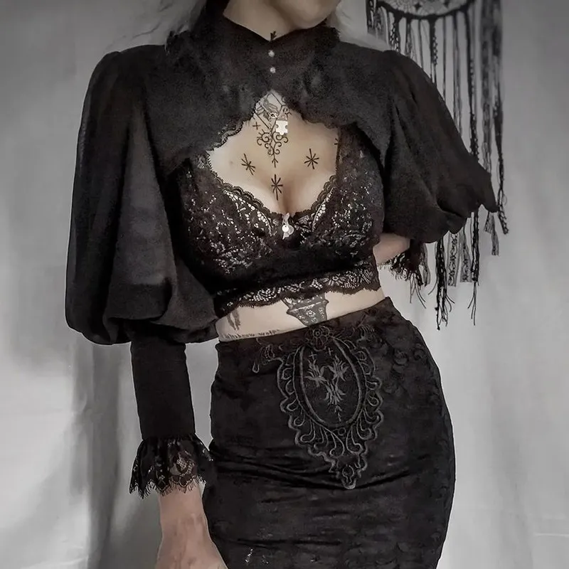 Gothic Lace Panel Turtleneck Crop Top