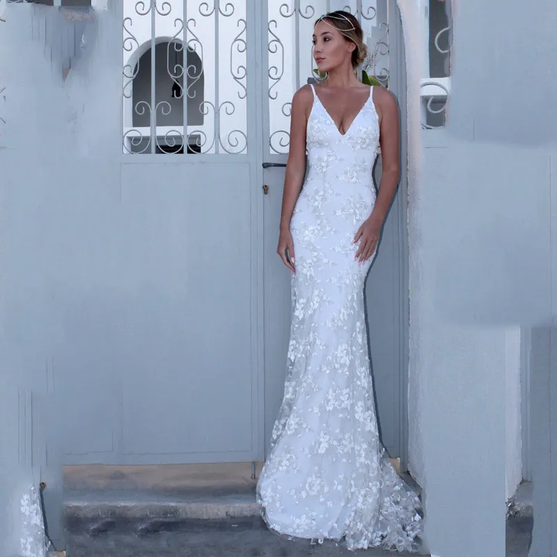 Women Sexy V Neck Lace Backless Banquet Sling Dresses