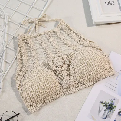 Women Summer Boho Style Solid Color Halter Crochet Knitted Crop Top