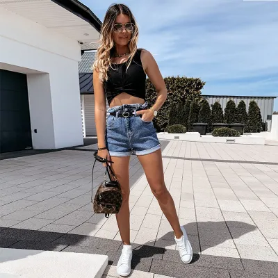 Women's Denim Shorts with Ruffles and Double Buttons, Wide Leg High Waist Street Hipster Style