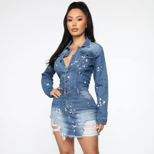 Women's Fashion Button Down Denim Dress - Street Hipster Style, Polka Dot Pattern, High Waist, Midi Length