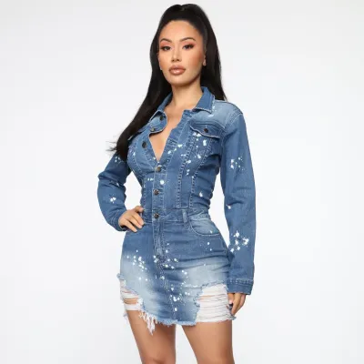 Women's Fashion Button Down Denim Dress - Street Hipster Style, Polka Dot Pattern, High Waist, Midi Length