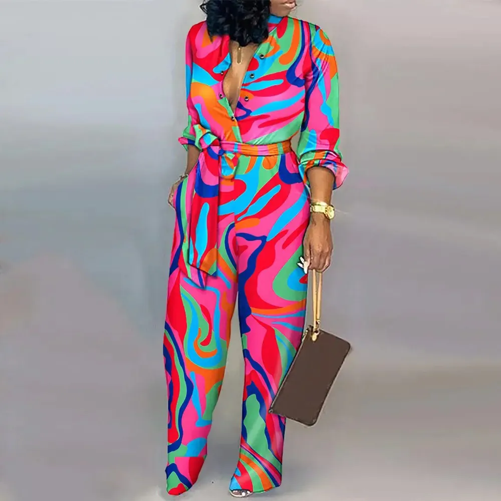 Women's Loose Digital Printing Jumpsuit Casual Long Sleeve