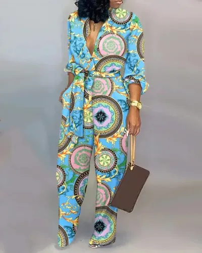 Women's Loose Digital Printing Jumpsuit Casual Long Sleeve