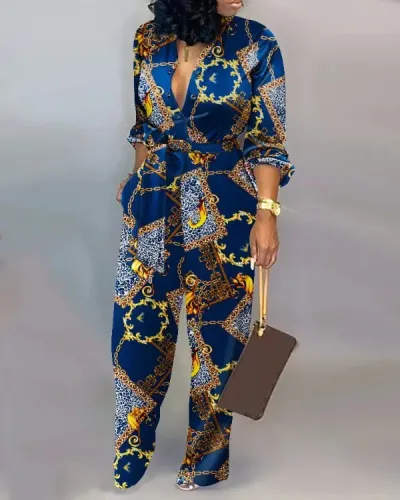 Women's Loose Digital Printing Jumpsuit Casual Long Sleeve