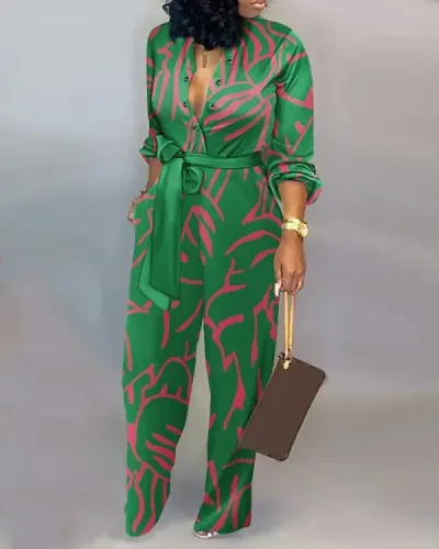 Women's Loose Digital Printing Jumpsuit Casual Long Sleeve