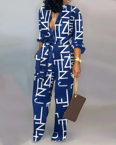Women's Loose Digital Printing Jumpsuit Casual Long Sleeve