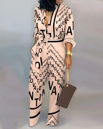 Women's Loose Digital Printing Jumpsuit Casual Long Sleeve