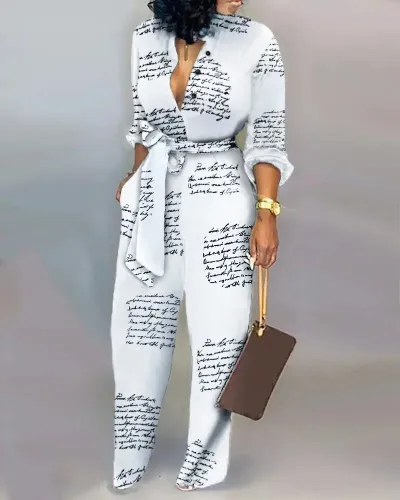 Women's Loose Digital Printing Jumpsuit Casual Long Sleeve
