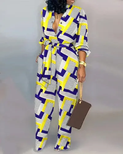 Women's Loose Digital Printing Jumpsuit Casual Long Sleeve