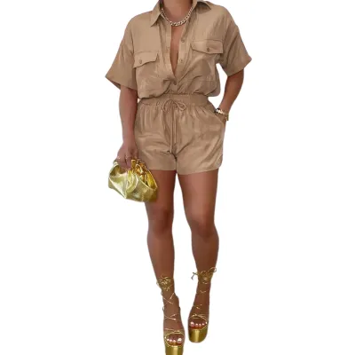 Women Casual Button Pocket Short Sleeve Shirt And Shorts Two Pieces Set