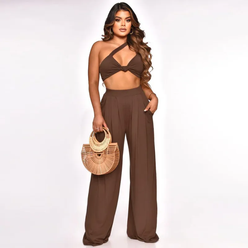 Women Solid Color Sexy Crop Top And Wide-Leg Pants Fashion Summer Two Pieces Suits