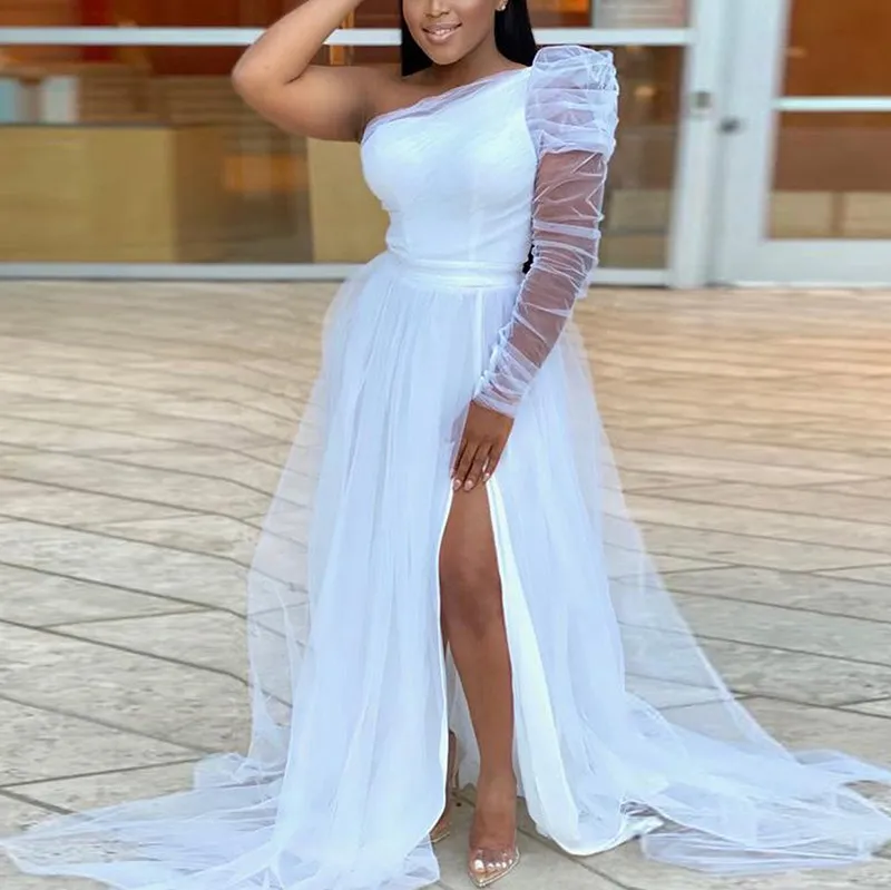 Fashion Plus Size Summer Women Oblique Shoulder Long Sleeve Large Swing Mesh Dress
