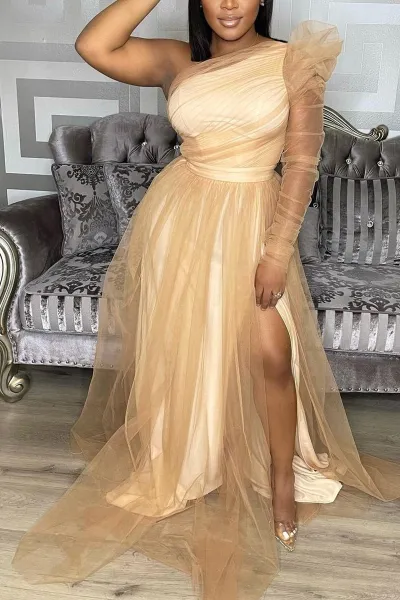 Fashion Plus Size Summer Women Oblique Shoulder Long Sleeve Large Swing Mesh Dress