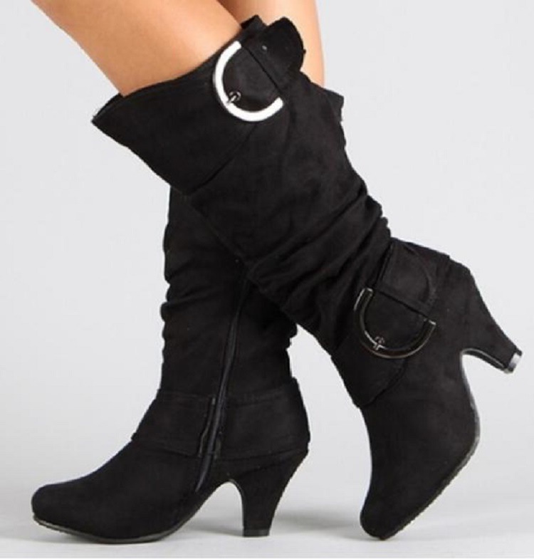 Wholesale Women Fashion Pointed Toe Buckle Pleated Knee Mid