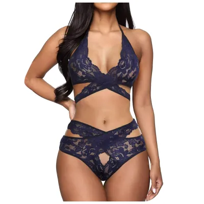 Women's Sexy See-Through Lace Bra and Boxer Panties Set