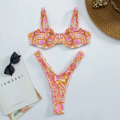 Women's Sexy Tiny Flower Print Bikini Set - Polyester Swimwear