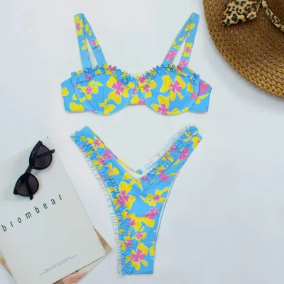 Women's Sexy Tiny Flower Print Bikini Set - Polyester Swimwear