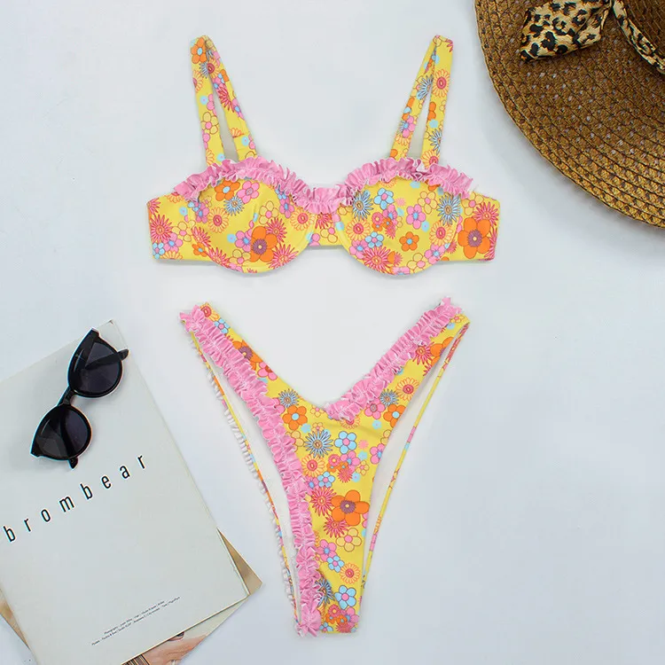 Women's Sexy Tiny Flower Print Bikini Set - Polyester Swimwear