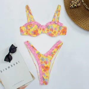 Women's Sexy Tiny Flower Print Bikini Set - Polyester Swimwear
