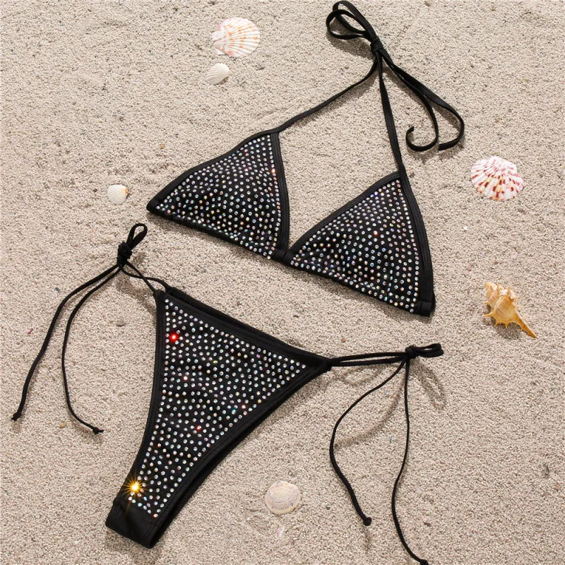 Women's Sexy Solid Color Rhinestone Tie Bikini Set