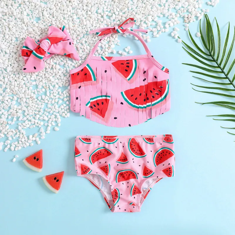 Toddlers Newborn Baby Fashion Girls Watermelon Printed Tassel Sling Split Swimsuit 3pcs Set