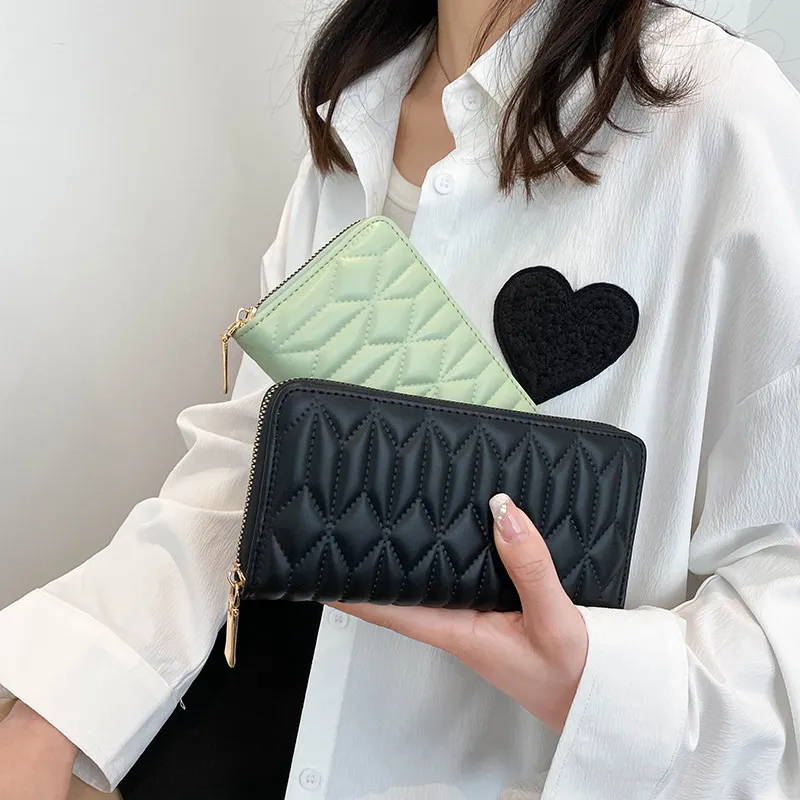 Women Fashion Creasing Stripe Mid-Length Coin Purse PU Leather Zipper Wallet